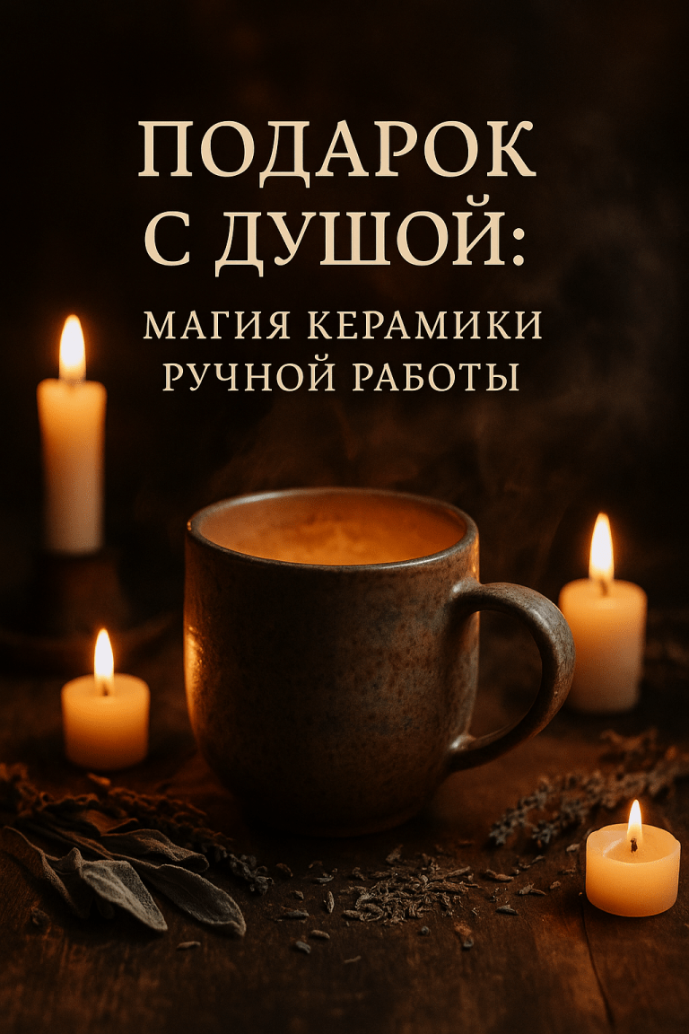 Чашка ручной работы среди свечей и сухих трав"