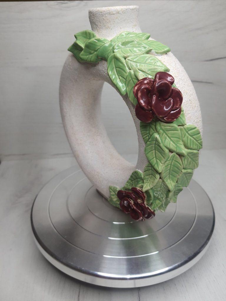“Ring of the Forest Queen” ceramic vase-talisman with hand-molded flowers and leaves